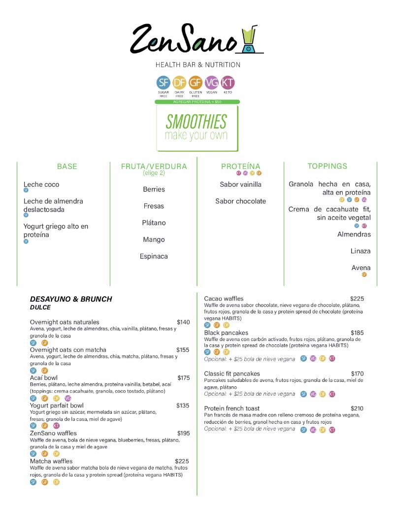 ZenSano Health Bar & Nutrition — diseño de menú